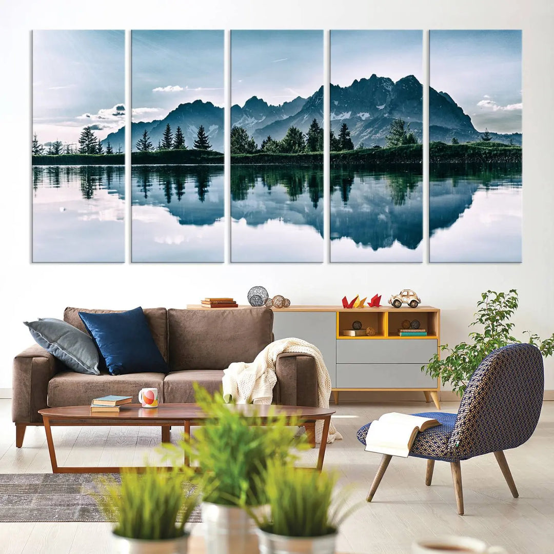 The room features the "Spectacular Bernardo O'Higgins National Park Canvas Wall Art Print," which showcases a serene mountain lake scene on a gray wall, crafted with museum-quality canvases.