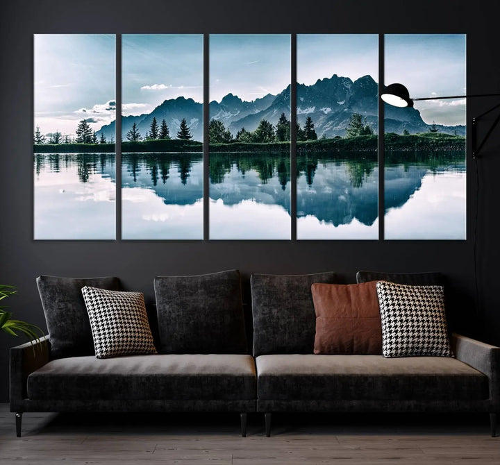 The room features the "Spectacular Bernardo O'Higgins National Park Canvas Wall Art Print," which showcases a serene mountain lake scene on a gray wall, crafted with museum-quality canvases.