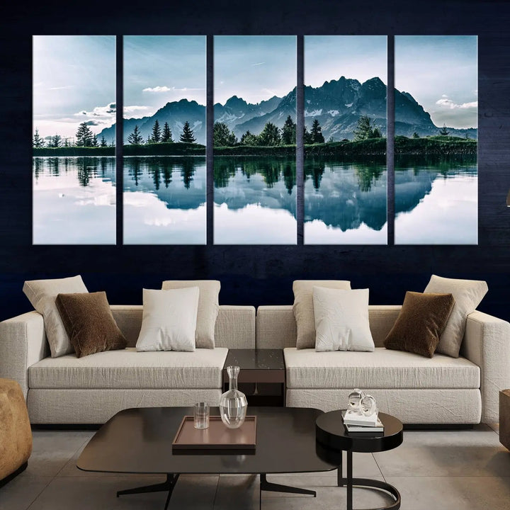 The room features the "Spectacular Bernardo O'Higgins National Park Canvas Wall Art Print," which showcases a serene mountain lake scene on a gray wall, crafted with museum-quality canvases.