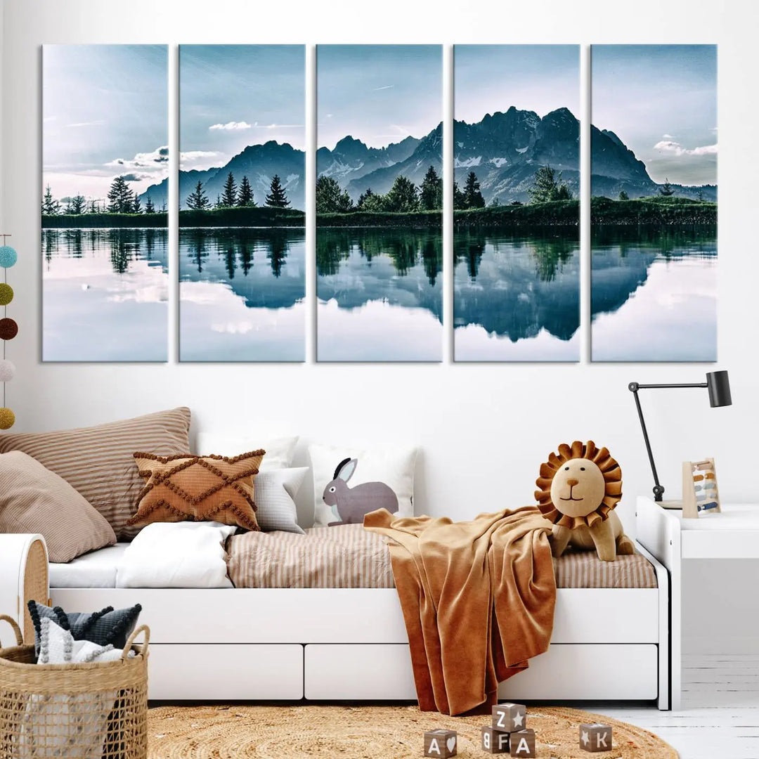 The room features the "Spectacular Bernardo O'Higgins National Park Canvas Wall Art Print," which showcases a serene mountain lake scene on a gray wall, crafted with museum-quality canvases.