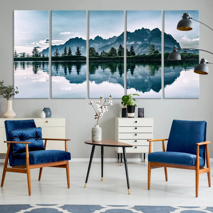 The room features the "Spectacular Bernardo O'Higgins National Park Canvas Wall Art Print," which showcases a serene mountain lake scene on a gray wall, crafted with museum-quality canvases.