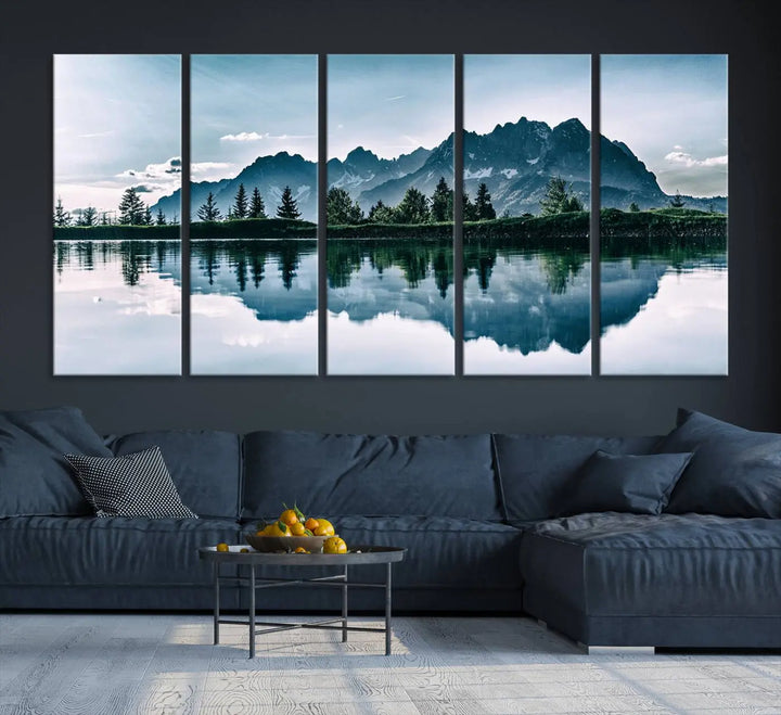 The room features the "Spectacular Bernardo O'Higgins National Park Canvas Wall Art Print," which showcases a serene mountain lake scene on a gray wall, crafted with museum-quality canvases.