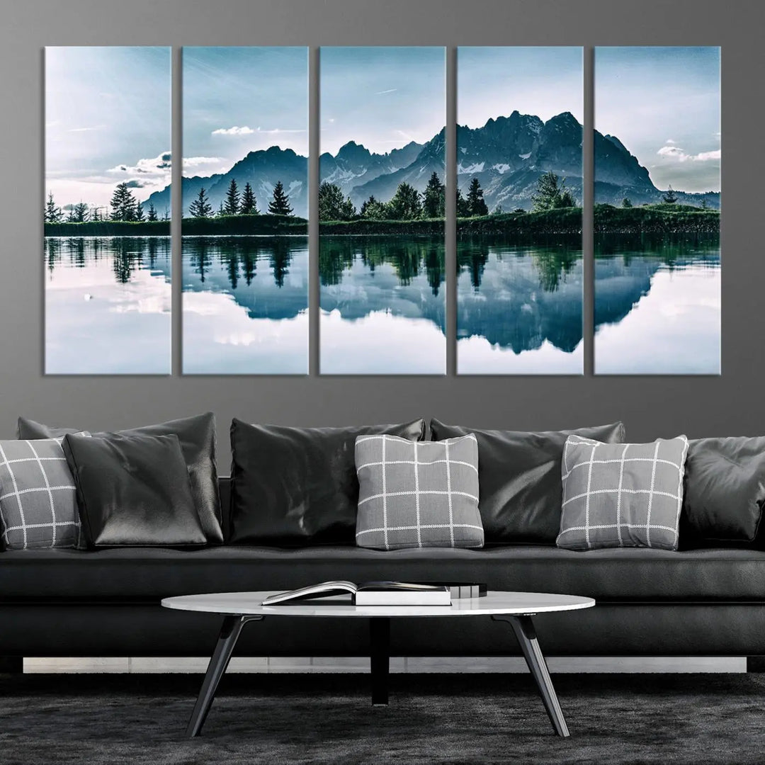 The room features the "Spectacular Bernardo O'Higgins National Park Canvas Wall Art Print," which showcases a serene mountain lake scene on a gray wall, crafted with museum-quality canvases.