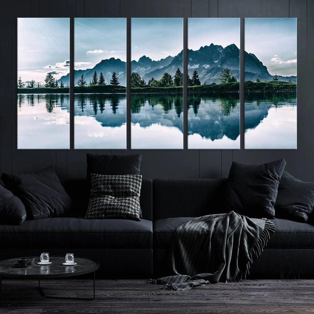 The room features the "Spectacular Bernardo O'Higgins National Park Canvas Wall Art Print," which showcases a serene mountain lake scene on a gray wall, crafted with museum-quality canvases.