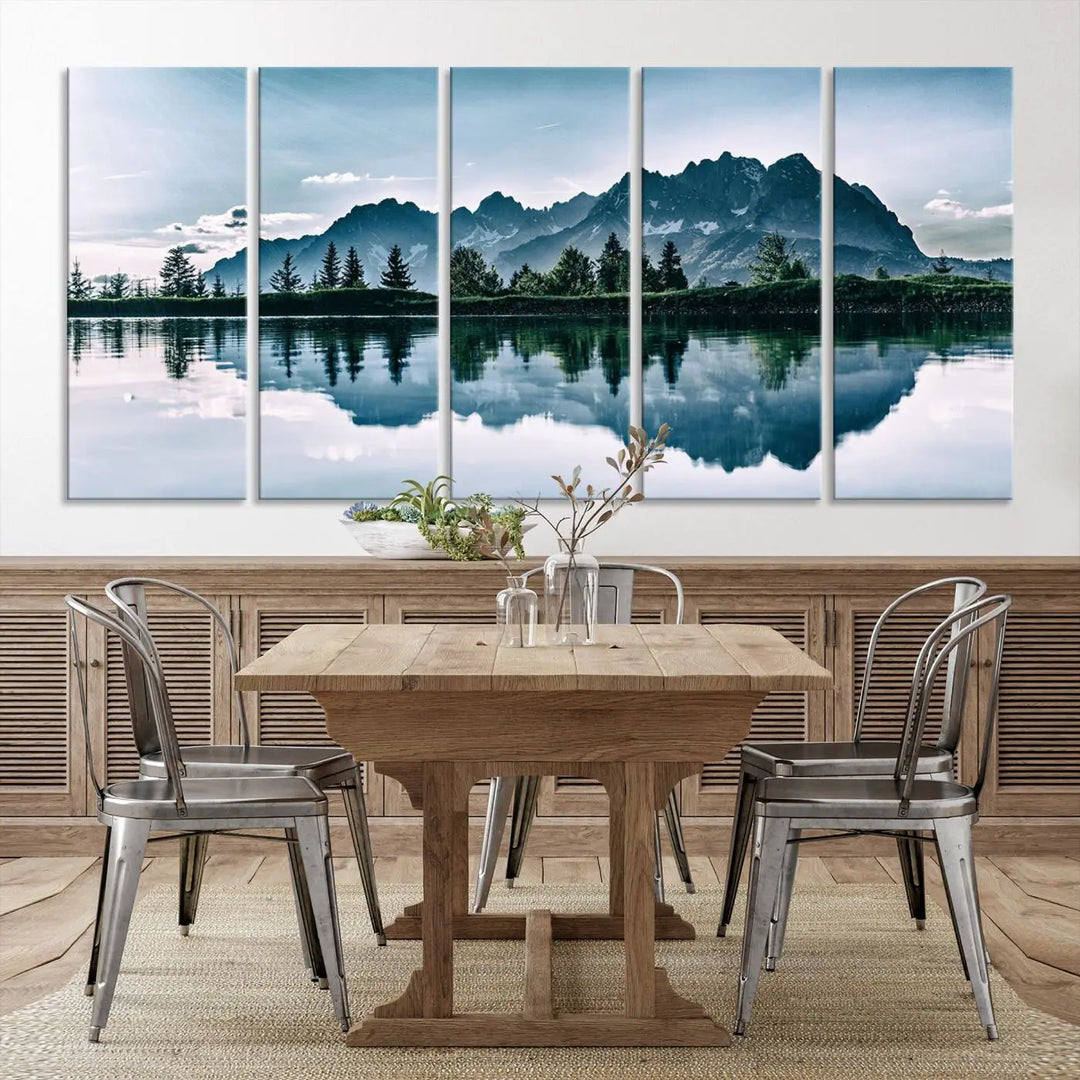 The room features the "Spectacular Bernardo O'Higgins National Park Canvas Wall Art Print," which showcases a serene mountain lake scene on a gray wall, crafted with museum-quality canvases.