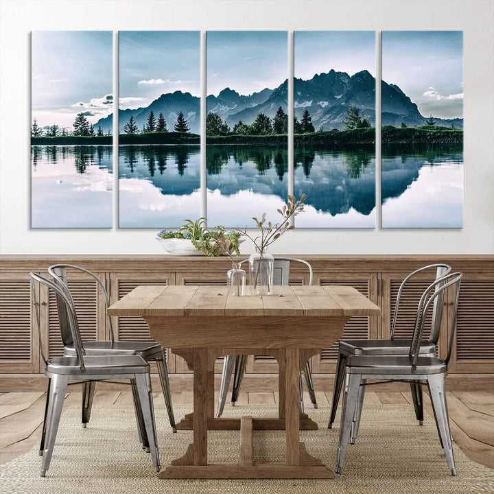 The room features the "Spectacular Bernardo O'Higgins National Park Canvas Wall Art Print," which showcases a serene mountain lake scene on a gray wall, crafted with museum-quality canvases.