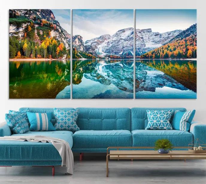 Spectacular autumn view of Braies Lake Wall Art Canvas Print 