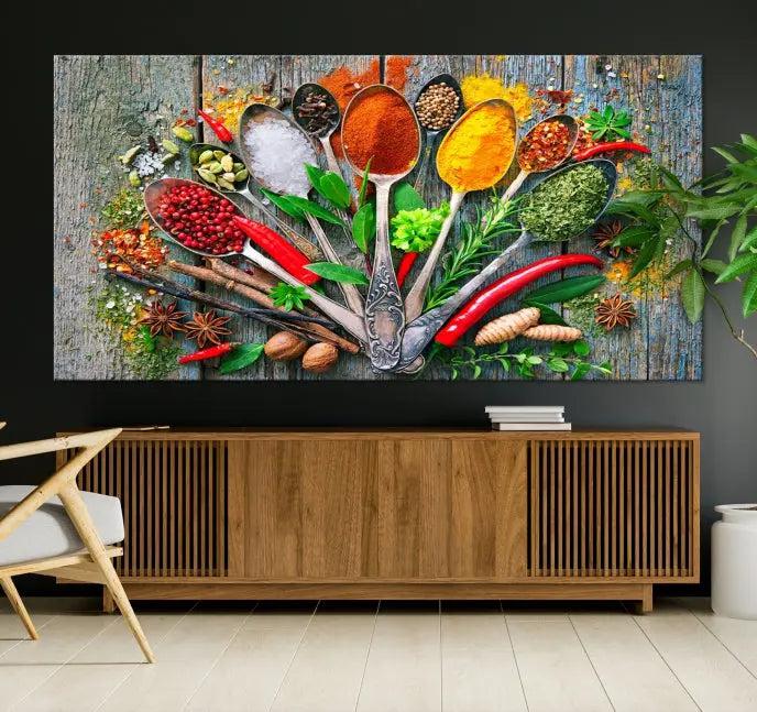 The Spice Wall Art Kitchen Wall features a vibrant collage of colorful spices on museum-quality canvas prints. This ready-to-hang artwork adds a warm touch to your space.