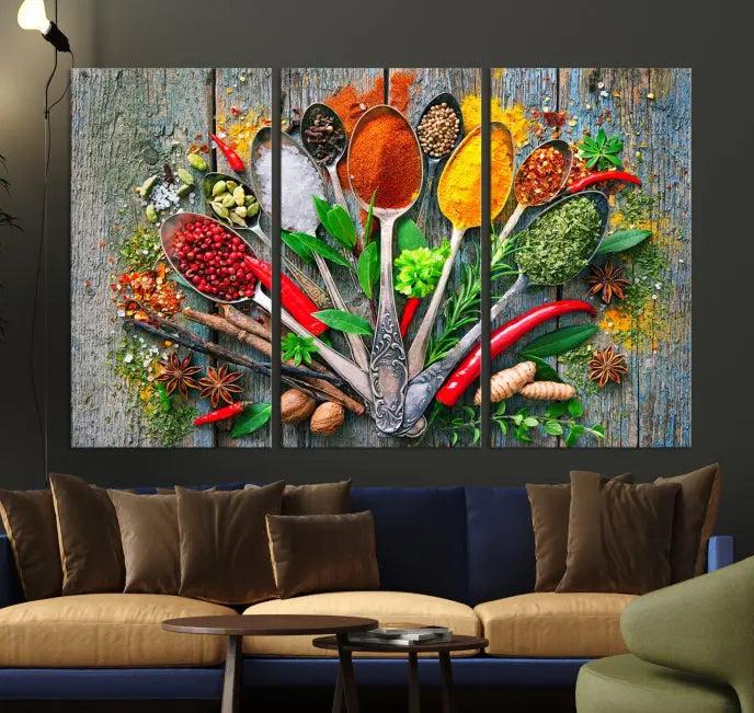 The Spice Wall Art Kitchen Wall features a vibrant collage of colorful spices on museum-quality canvas prints. This ready-to-hang artwork adds a warm touch to your space.