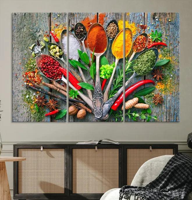 The Spice Wall Art Kitchen Wall features a vibrant collage of colorful spices on museum-quality canvas prints. This ready-to-hang artwork adds a warm touch to your space.