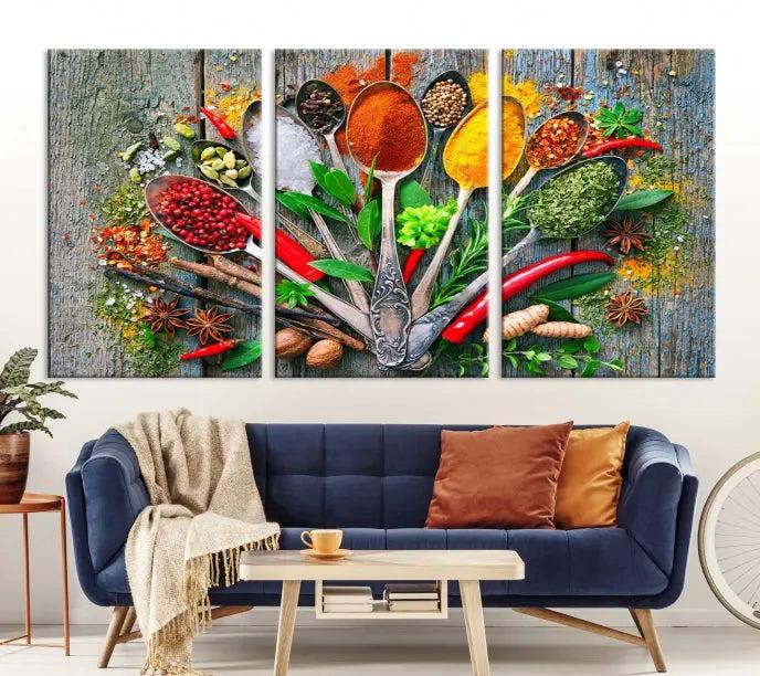 The Spice Wall Art Kitchen Wall features a vibrant collage of colorful spices on museum-quality canvas prints. This ready-to-hang artwork adds a warm touch to your space.