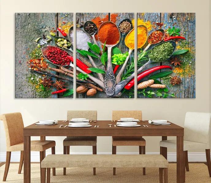 The Spice Wall Art Kitchen Wall features a vibrant collage of colorful spices on museum-quality canvas prints. This ready-to-hang artwork adds a warm touch to your space.