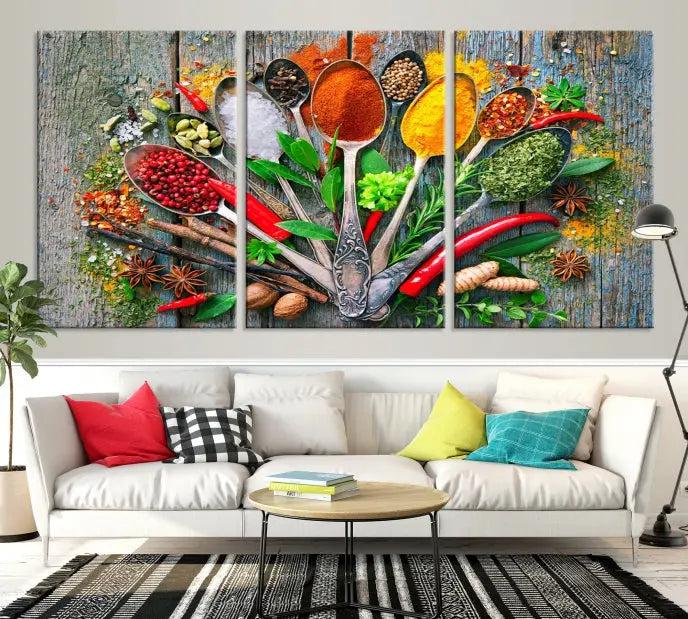 The Spice Wall Art Kitchen Wall features a vibrant collage of colorful spices on museum-quality canvas prints. This ready-to-hang artwork adds a warm touch to your space.