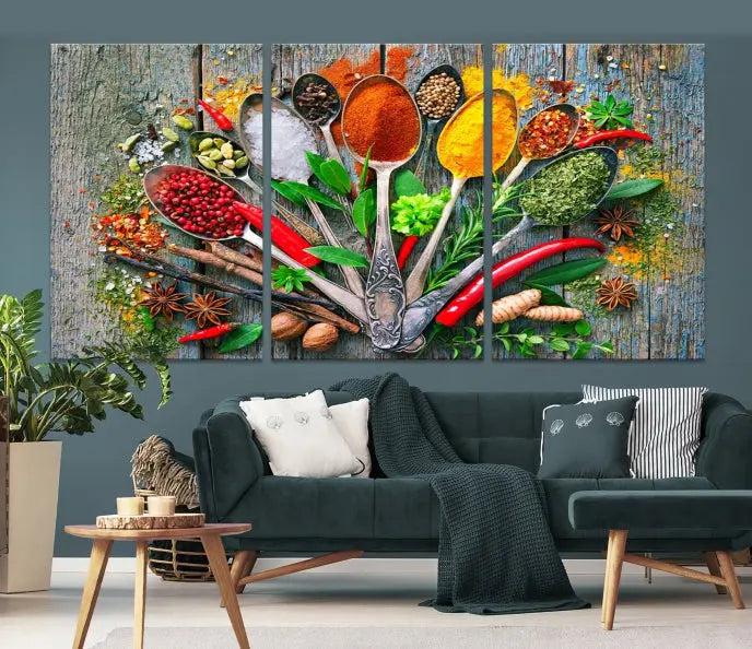 The Spice Wall Art Kitchen Wall features a vibrant collage of colorful spices on museum-quality canvas prints. This ready-to-hang artwork adds a warm touch to your space.