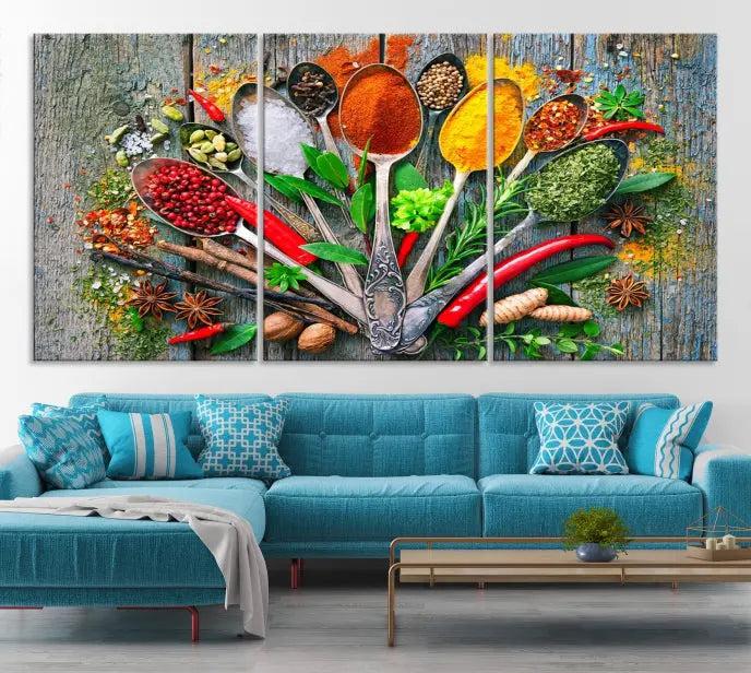 The Spice Wall Art Kitchen Wall features a vibrant collage of colorful spices on museum-quality canvas prints. This ready-to-hang artwork adds a warm touch to your space.