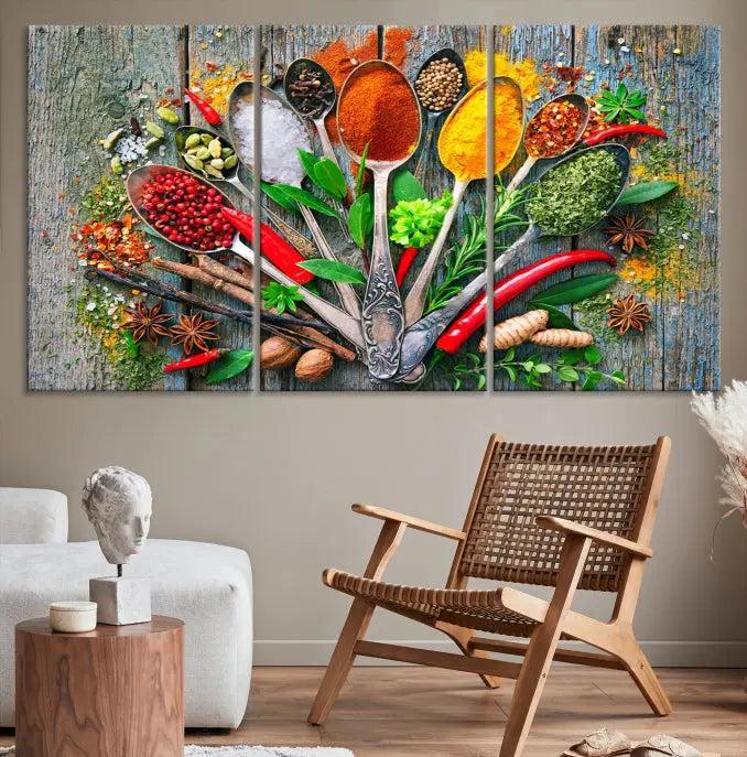 The Spice Wall Art Kitchen Wall features a vibrant collage of colorful spices on museum-quality canvas prints. This ready-to-hang artwork adds a warm touch to your space.