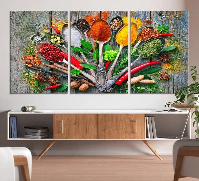 The Spice Wall Art Kitchen Wall features a vibrant collage of colorful spices on museum-quality canvas prints. This ready-to-hang artwork adds a warm touch to your space.