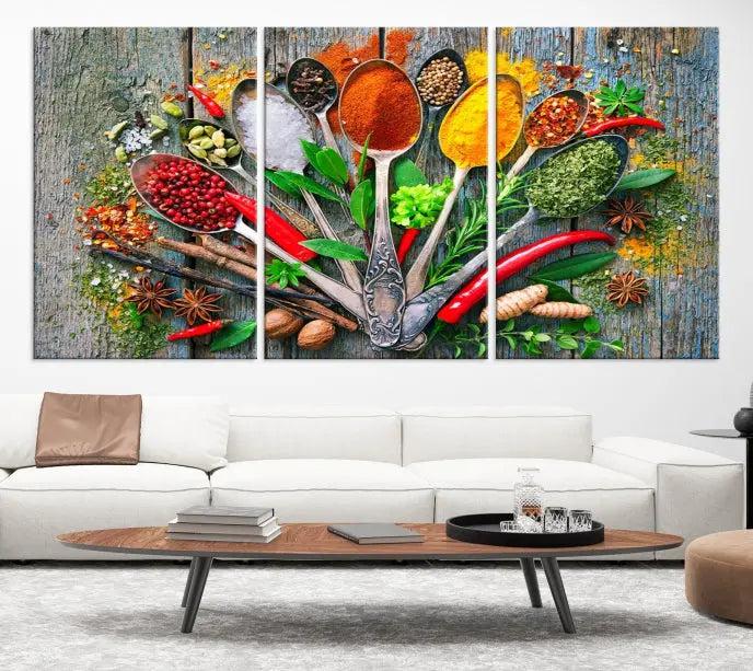 The Spice Wall Art Kitchen Wall features a vibrant collage of colorful spices on museum-quality canvas prints. This ready-to-hang artwork adds a warm touch to your space.