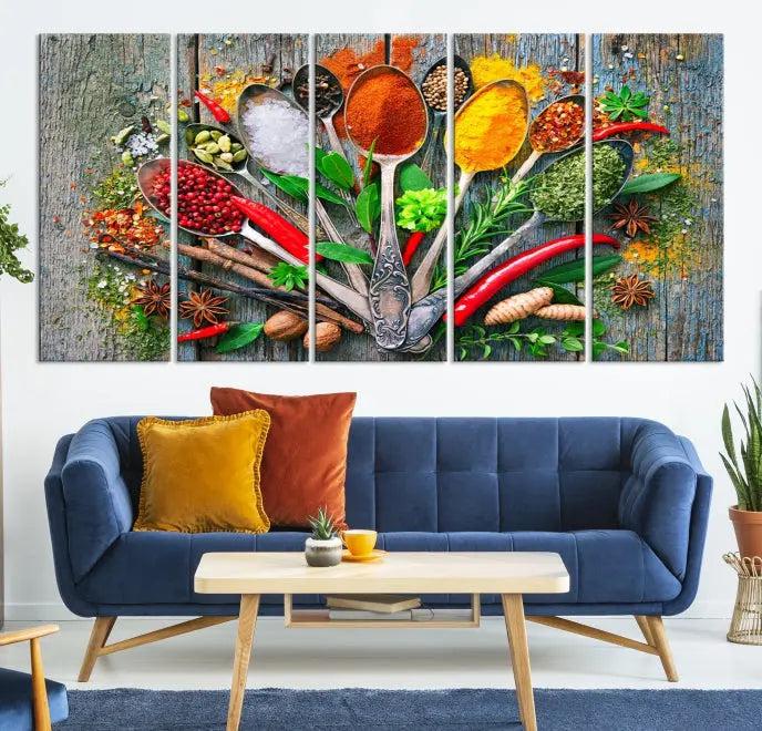 The Spice Wall Art Kitchen Wall features a vibrant collage of colorful spices on museum-quality canvas prints. This ready-to-hang artwork adds a warm touch to your space.