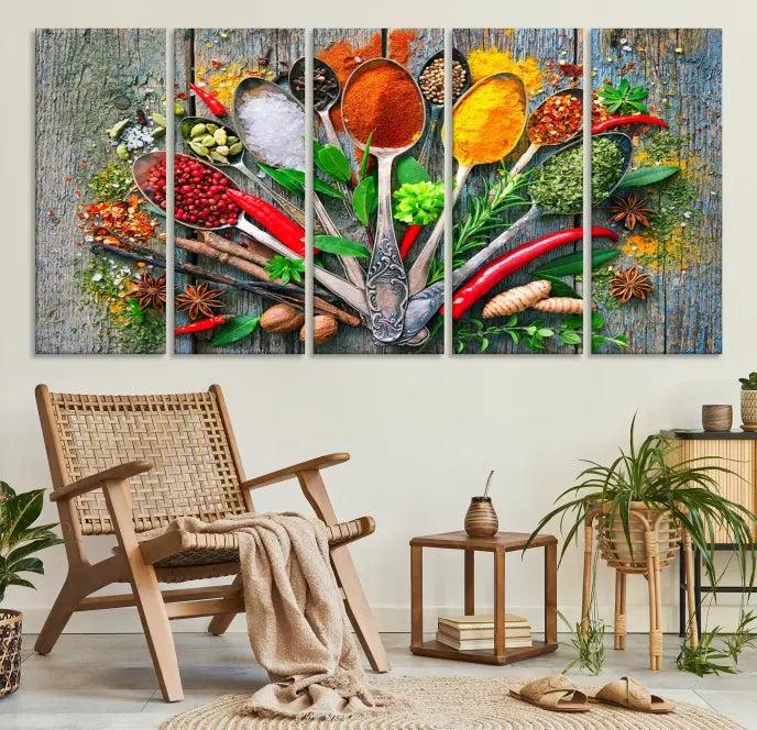 The Spice Wall Art Kitchen Wall features a vibrant collage of colorful spices on museum-quality canvas prints. This ready-to-hang artwork adds a warm touch to your space.