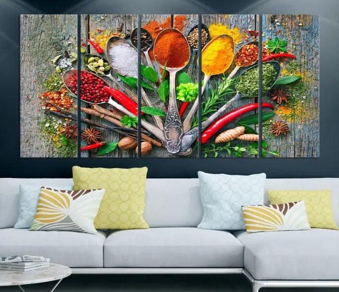 The Spice Wall Art Kitchen Wall features a vibrant collage of colorful spices on museum-quality canvas prints. This ready-to-hang artwork adds a warm touch to your space.