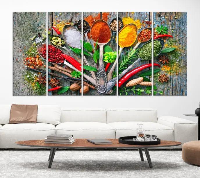 The Spice Wall Art Kitchen Wall features a vibrant collage of colorful spices on museum-quality canvas prints. This ready-to-hang artwork adds a warm touch to your space.