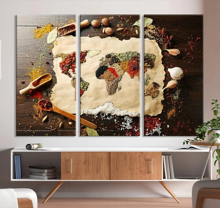 The "Spice World Map Artwork Canvas Wall Art Print" elegantly decorates the wall, complete with a UV-protective coating to preserve its vibrant colors over time.