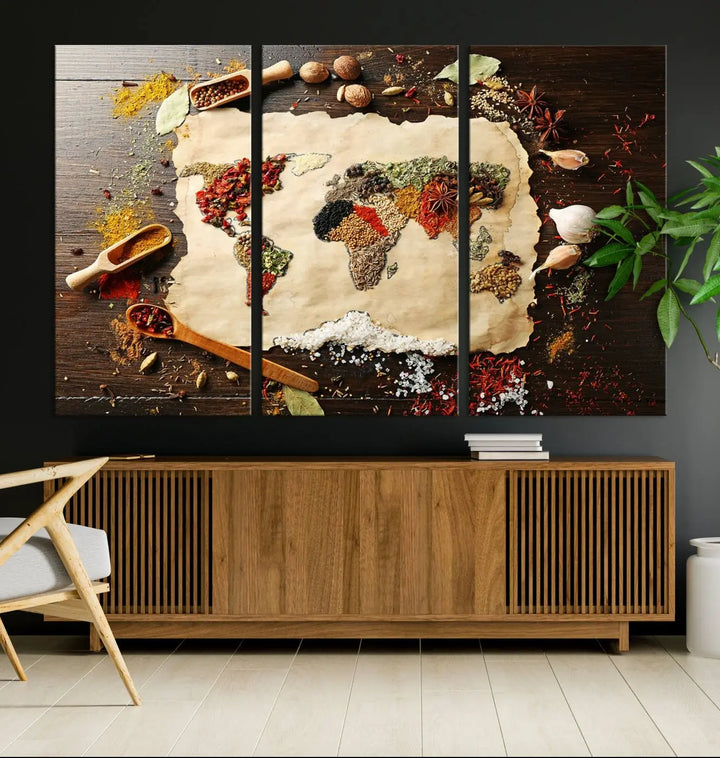 The "Spice World Map Artwork Canvas Wall Art Print" elegantly decorates the wall, complete with a UV-protective coating to preserve its vibrant colors over time.