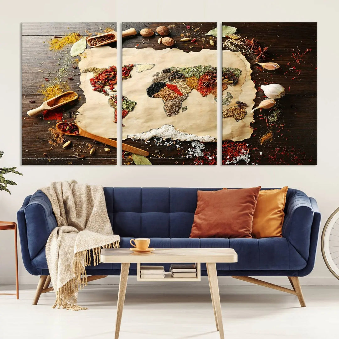 The "Spice World Map Artwork Canvas Wall Art Print" elegantly decorates the wall, complete with a UV-protective coating to preserve its vibrant colors over time.