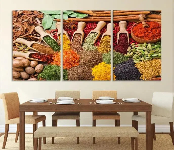 The "Spices Kitchen Wall Art Canvas Print" showcases an array of colorful spices in wooden scoops, crafted on museum-quality canvas.