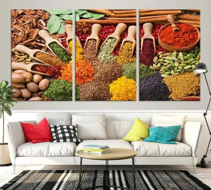 The "Spices Kitchen Wall Art Canvas Print" showcases an array of colorful spices in wooden scoops, crafted on museum-quality canvas.