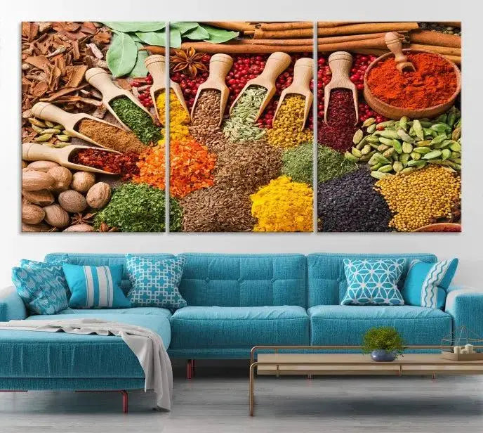 The "Spices Kitchen Wall Art Canvas Print" showcases an array of colorful spices in wooden scoops, crafted on museum-quality canvas.