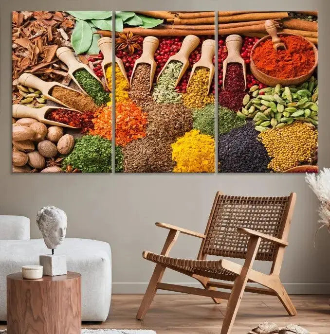 The "Spices Kitchen Wall Art Canvas Print" showcases an array of colorful spices in wooden scoops, crafted on museum-quality canvas.