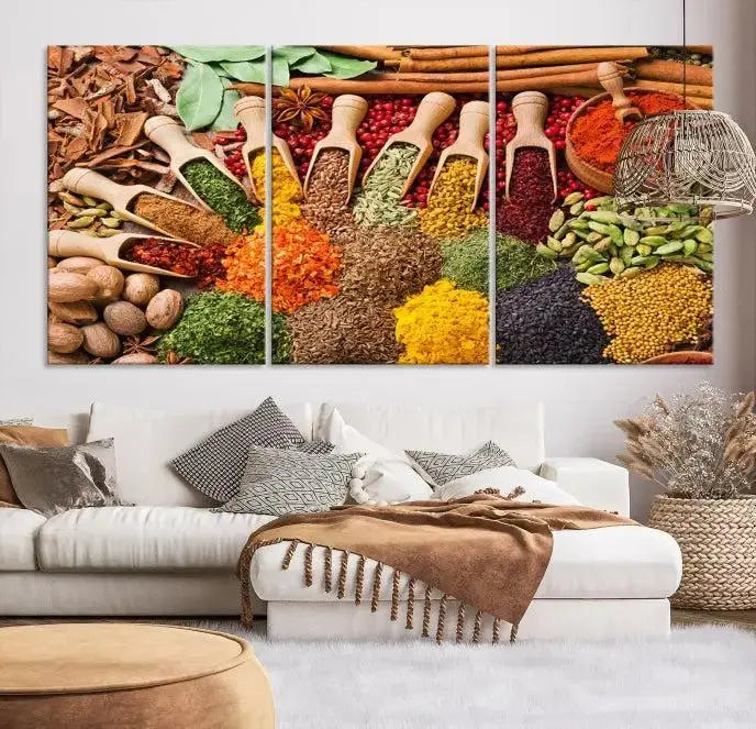 The "Spices Kitchen Wall Art Canvas Print" showcases an array of colorful spices in wooden scoops, crafted on museum-quality canvas.