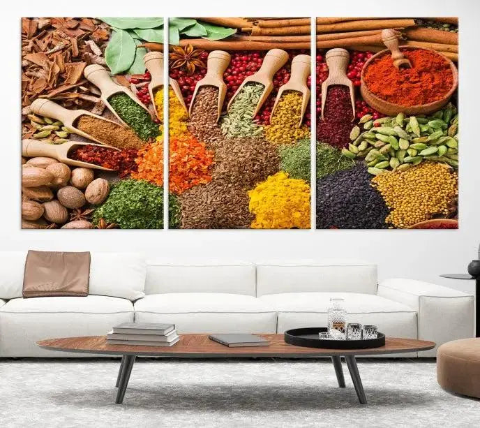 The "Spices Kitchen Wall Art Canvas Print" showcases an array of colorful spices in wooden scoops, crafted on museum-quality canvas.