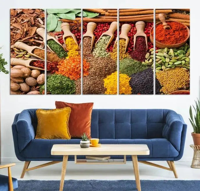 The "Spices Kitchen Wall Art Canvas Print" showcases an array of colorful spices in wooden scoops, crafted on museum-quality canvas.