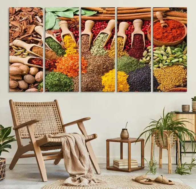 The "Spices Kitchen Wall Art Canvas Print" showcases an array of colorful spices in wooden scoops, crafted on museum-quality canvas.