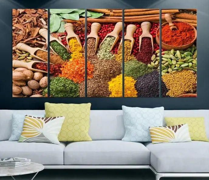 The "Spices Kitchen Wall Art Canvas Print" showcases an array of colorful spices in wooden scoops, crafted on museum-quality canvas.