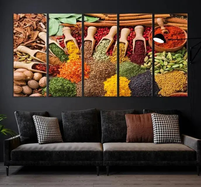 The "Spices Kitchen Wall Art Canvas Print" showcases an array of colorful spices in wooden scoops, crafted on museum-quality canvas.