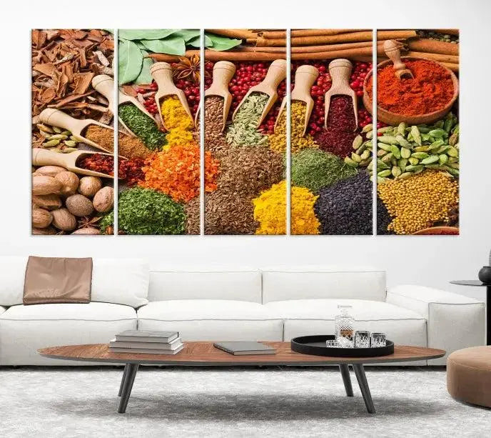 The "Spices Kitchen Wall Art Canvas Print" showcases an array of colorful spices in wooden scoops, crafted on museum-quality canvas.