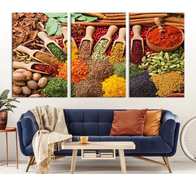 The "Spices Kitchen Wall Art Canvas Print" showcases an array of colorful spices in wooden scoops, crafted on museum-quality canvas.