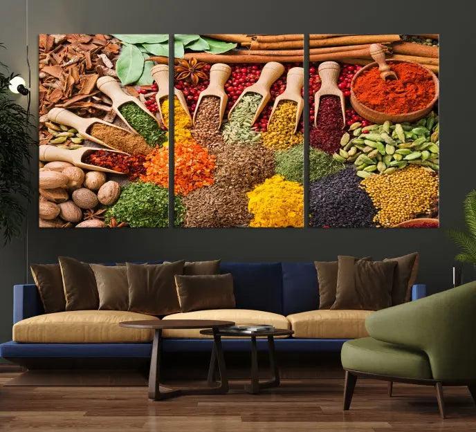 The "Spices Kitchen Wall Art Canvas Print" showcases an array of colorful spices in wooden scoops, crafted on museum-quality canvas.