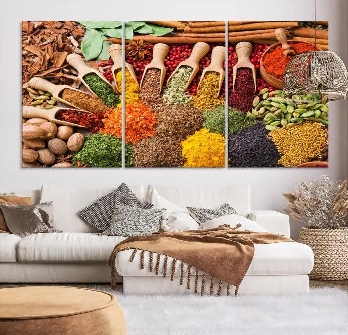 The "Spices Kitchen Wall Art Canvas Print" showcases an array of colorful spices in wooden scoops, crafted on museum-quality canvas.