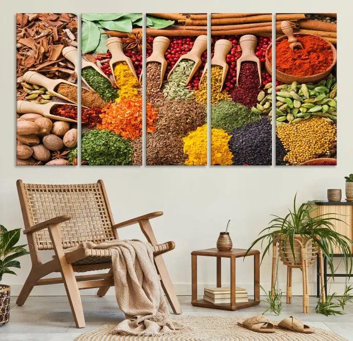 The "Spices Kitchen Wall Art Canvas Print" showcases an array of colorful spices in wooden scoops, crafted on museum-quality canvas.