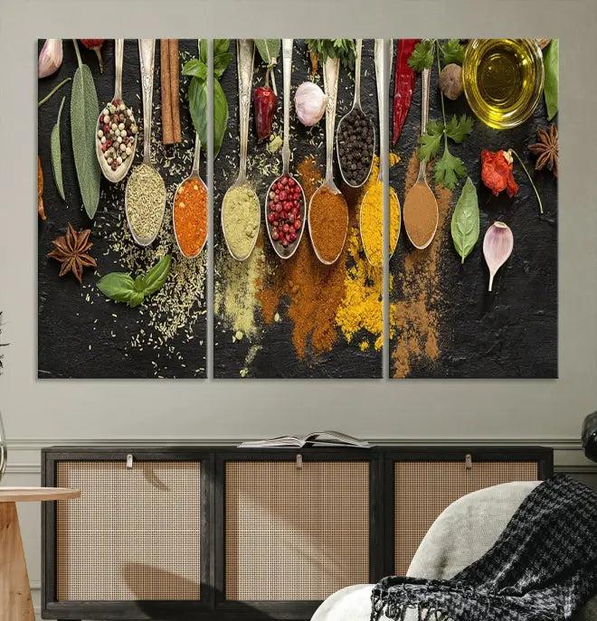 Introducing the Spices Wall Art Canvas Print: a stunning triptych featuring vibrant arrays of spices on wooden spoons set against a black backdrop. Crafted with museum-quality polycotton and a UV-protective coating, this professionally hand-assembled artwork ensures lasting brilliance.