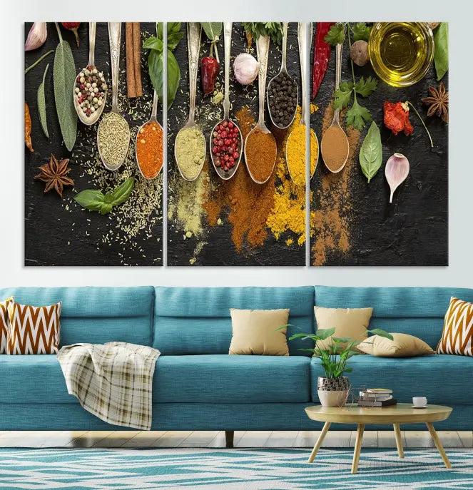 Introducing the Spices Wall Art Canvas Print: a stunning triptych featuring vibrant arrays of spices on wooden spoons set against a black backdrop. Crafted with museum-quality polycotton and a UV-protective coating, this professionally hand-assembled artwork ensures lasting brilliance.