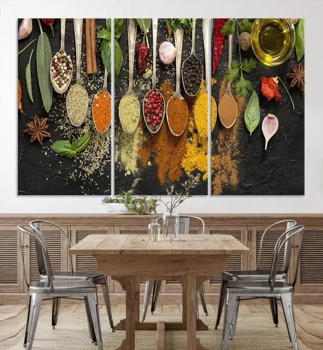 Introducing the Spices Wall Art Canvas Print: a stunning triptych featuring vibrant arrays of spices on wooden spoons set against a black backdrop. Crafted with museum-quality polycotton and a UV-protective coating, this professionally hand-assembled artwork ensures lasting brilliance.