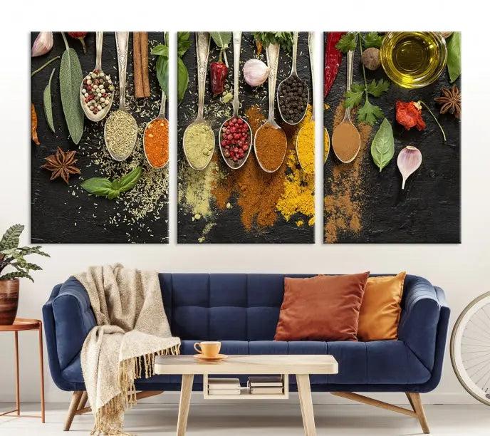 Introducing the Spices Wall Art Canvas Print: a stunning triptych featuring vibrant arrays of spices on wooden spoons set against a black backdrop. Crafted with museum-quality polycotton and a UV-protective coating, this professionally hand-assembled artwork ensures lasting brilliance.