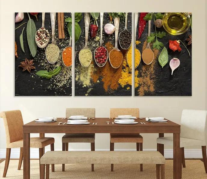 Introducing the Spices Wall Art Canvas Print: a stunning triptych featuring vibrant arrays of spices on wooden spoons set against a black backdrop. Crafted with museum-quality polycotton and a UV-protective coating, this professionally hand-assembled artwork ensures lasting brilliance.