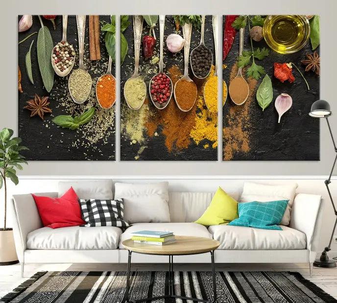 Introducing the Spices Wall Art Canvas Print: a stunning triptych featuring vibrant arrays of spices on wooden spoons set against a black backdrop. Crafted with museum-quality polycotton and a UV-protective coating, this professionally hand-assembled artwork ensures lasting brilliance.